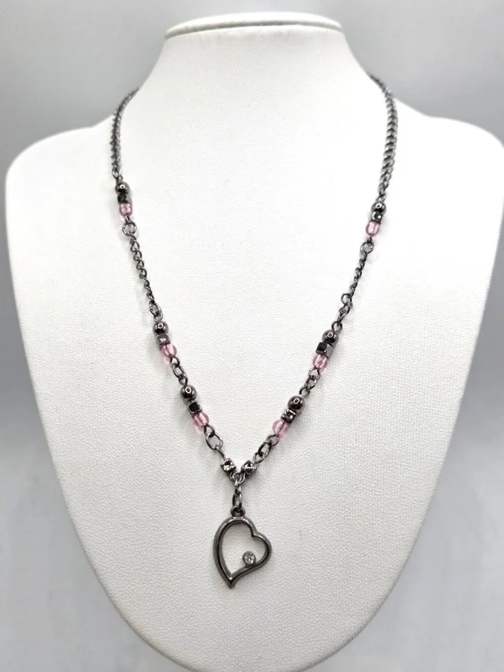 Heart Pendant Necklace With Pink Beads & Metal Chain